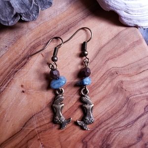 Handmade Blue Quartz & Mermaid Boho Bronze Earrings